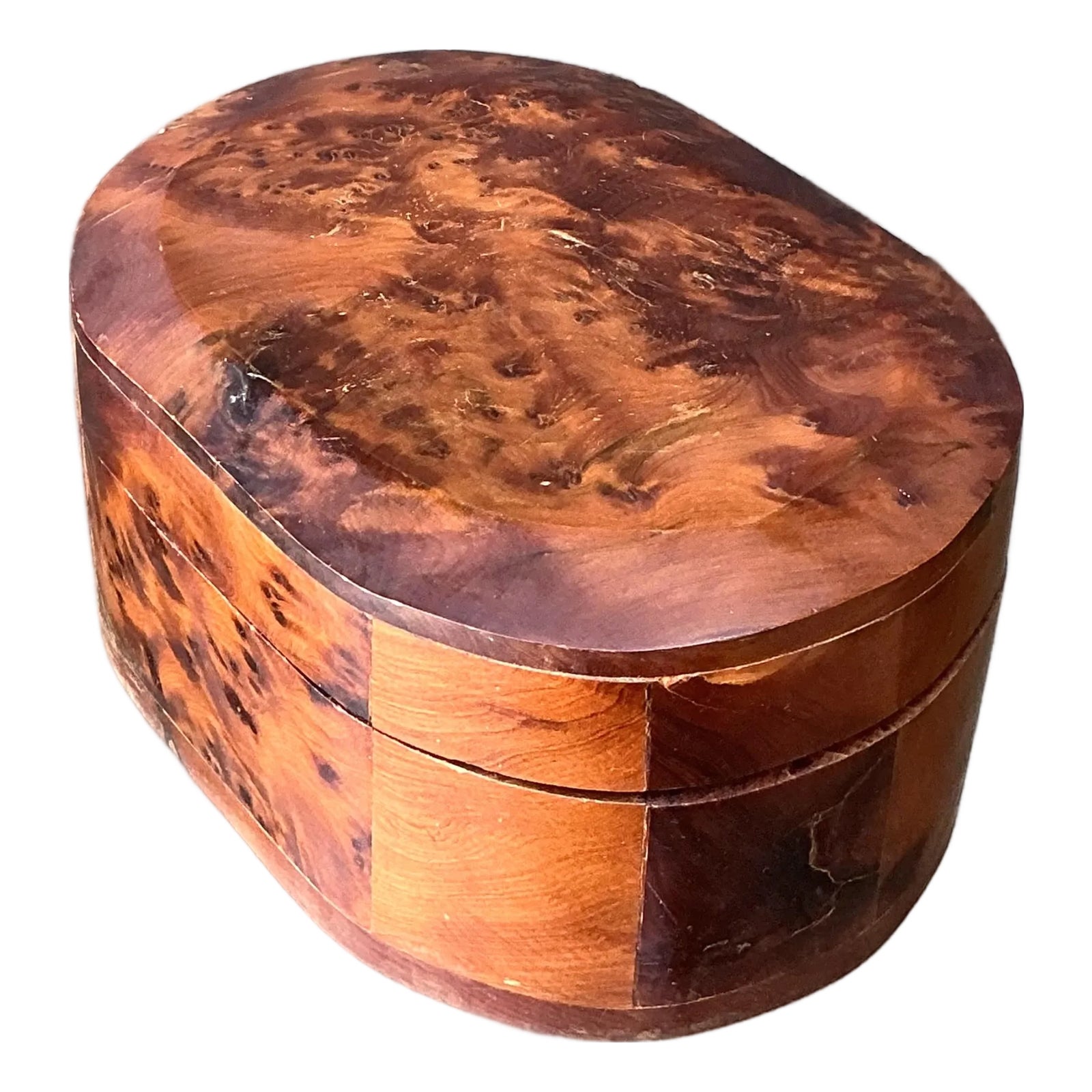 Vintage Faceted Burl Wood Oval Box | Chairish
