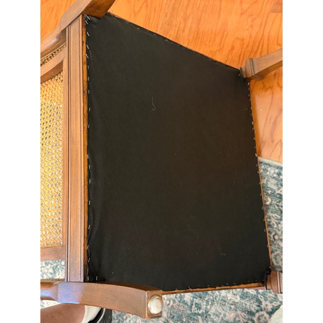 Wood Vintage Drexel Heritage Lineage Collection Cane Lounge Chair With New Neutral Upholstery For Sale - Image 7 of 9