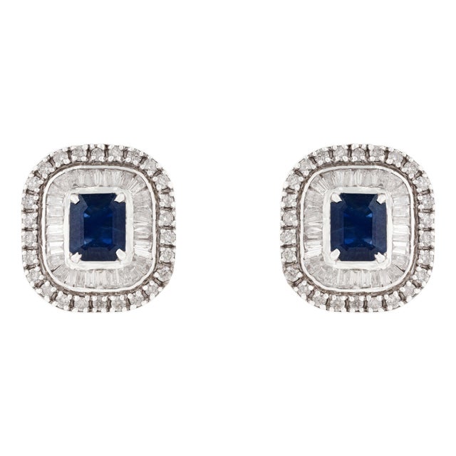 Blue Sapphire & Diamond Art Deco Earrings in 14k Gold- 2 Pieces For Sale