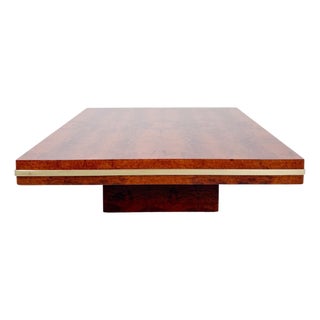Mid-Century Modern Italian Square Coffe Table in Burl Wood and Brass, 1970s For Sale