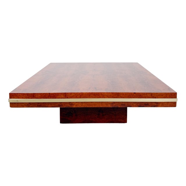 Mid-Century Modern Italian Square Coffe Table in Burl Wood and Brass, 1970s For Sale