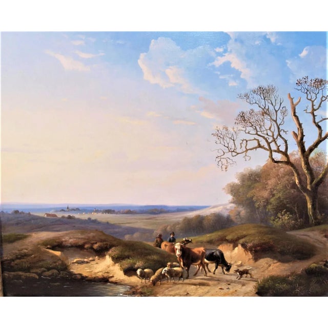 An unusual collaborative painting by Eugene Verboeckhoven and Louis Verwee. Painting is oil on board. Depicts a pastoral...