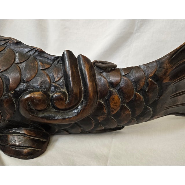 Coffee Antique Japanese Carved Wood Koi Fish Jizaikagi Pot Hook Meiji Period For Sale - Image 8 of 18