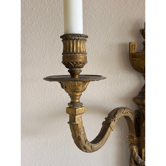 Antique French Louis XVI Style Twin-Light Wall Sconces - Gilt Bronze Ormolu Neoclassical Double Arm Wall Lights, Late 19th Century - Pair For Sale - Image 12 of 18