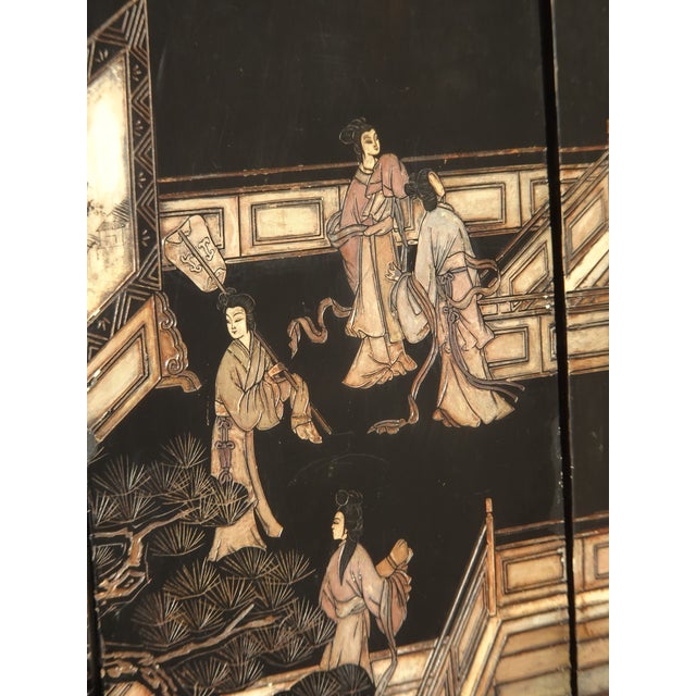 Black Vintage Oriental Asian Palace City Coromandel Chinoiserie Black Six Panel Screen For Sale - Image 8 of 17