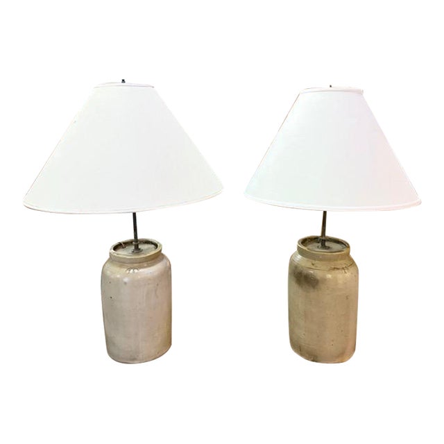 Poor of Antique American Salt Glaze Lamps Converted Into Lamps in the Mid Century For Sale
