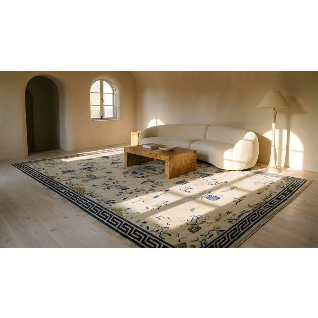 1890s Tan Beige Floral Vase Antique Chinese Peking Rug 8' 1" X 15' 6" Handknotted Wool Carpet For Sale - Image 9 of 9