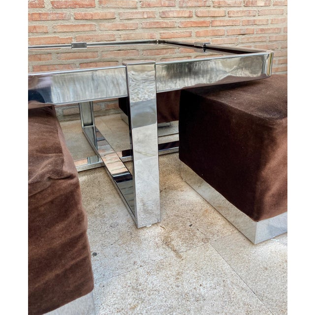 Mid 20th Century Square Smoked Glass and Steel Coffee or Side Table with Four Nesting Stools, 197 For Sale - Image 4 of 18
