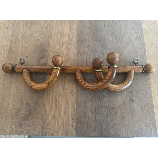 American Rustic Early American Wood and Brass Wall Coat Rack For Sale - Image 3 of 8