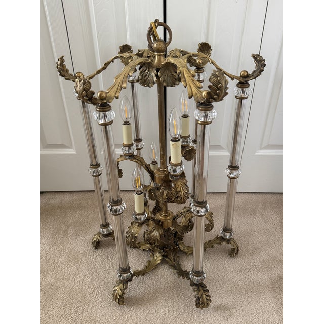 Baroque Vintage French Louis XVI Gilded Brass & Crystal Luminaire/Chandelier For Sale - Image 3 of 18
