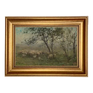 Flock of Sheep Landscape Print on Canvas in Thin Gold Frame- a 7" X 11" Print, Framed to 9-1/2" X 13-1/2"