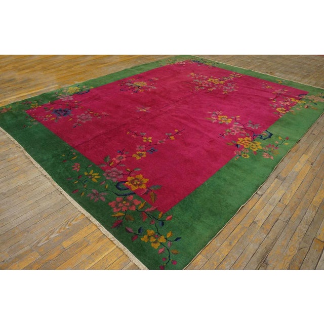 Art Deco 1920s Pink Cerise Floral Vase Antique Chinese Art Deco Carpet 9' X 11' 6'' Knotted Wool Rug For Sale - Image 3 of 12
