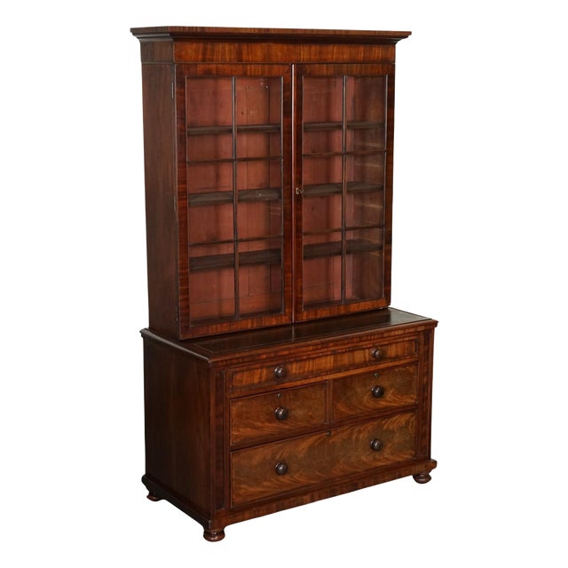 Dresser Bookcase Display Cabinet on Chest of Drawers with Black Leather Top For Sale