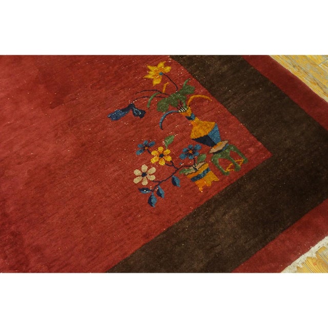 1920s 1920s Red Burgundy Floral Open Field Antique Chinese Art Deco Wool Rug 8' X 9'9" For Sale - Image 5 of 9