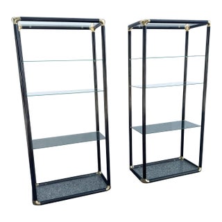 Art Deco Black Lacquered Etagere With Gold Accents and Glass Shelves - A Pair For Sale