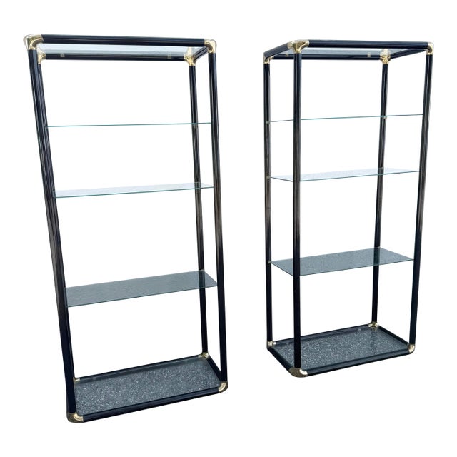 Art Deco Black Lacquered Etagere With Gold Accents and Glass Shelves - A Pair For Sale