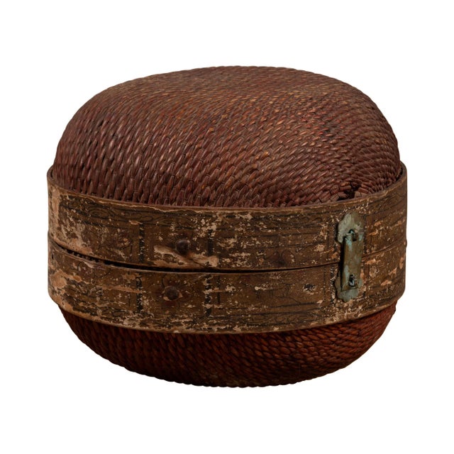 Vintage Chinese Midcentury Rattan Circular Hat Box with Weathered Patina For Sale - Image 13 of 13