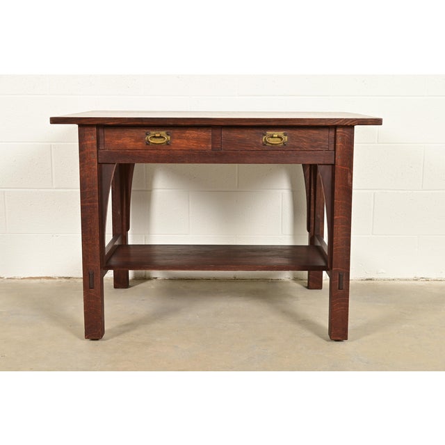 Mission Gustav Stickley Mission Oak Arts & Crafts Writing Desk or Library Table, Circa 1910 For Sale - Image 3 of 14
