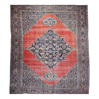 19th Century Oversized Persian Bidjar Rug, Hand-Knotted Wool, Geometric Pattern, Red & Navy, 11x15 For Sale