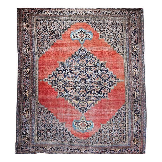 19th Century Oversized Persian Bidjar Rug, Hand-Knotted Wool, Geometric Pattern, Red & Navy, 11x15 For Sale