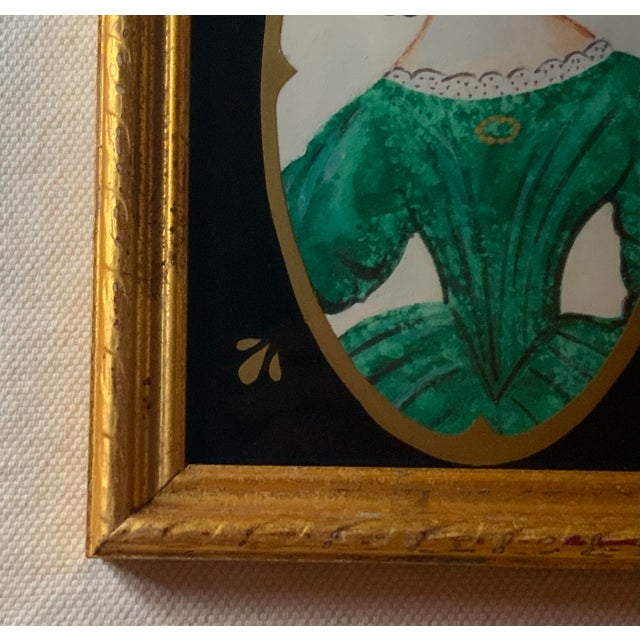 American Folk Art Portrait, Lady in Emerald Green Dress, Gouache on Paper, Original Gilded Frame, Boston Estate, Circa 1920s For Sale - Image 9 of 15