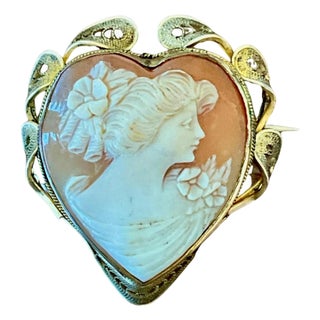 Vintage Victorian 12k Carved Shell Cameo Heart Brooch For Sale