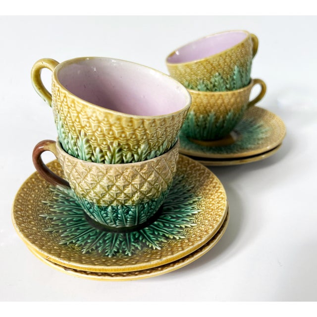 SET OF 4 Antique 19th C Majolica Pineapple Pattern Tea Cups and Saucers C1880s. Bold colors of Yellow, Kelly Green and...