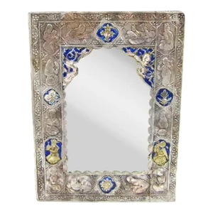 Antique Qajar Silver Plated and Enamel Decorative Mirror in Case