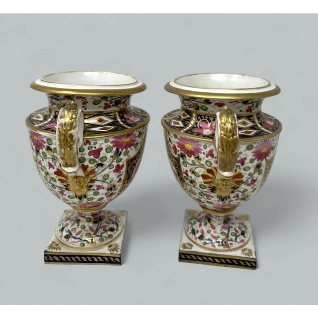 Antique Pair English Royal Crown Derby Campana Porcelain Urns Vases Imari Patern For Sale - Image 6 of 9