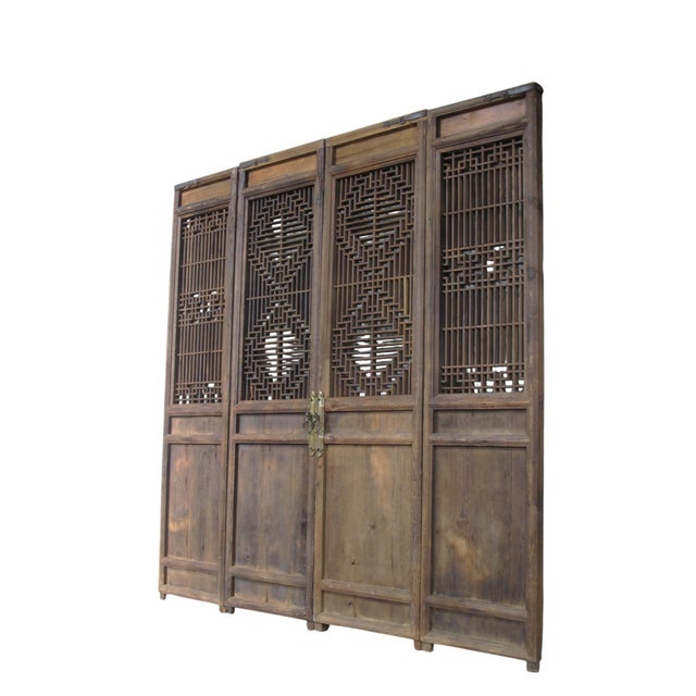 Antique Chinese 4 Panel Lattice Wood Screen Doors For Sale - Image 4 of 15