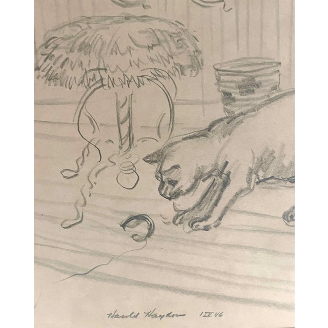 1946 Graphite on Paper, Interior Scene With Cat by Artist Harold Haydon For Sale - Image 4 of 5