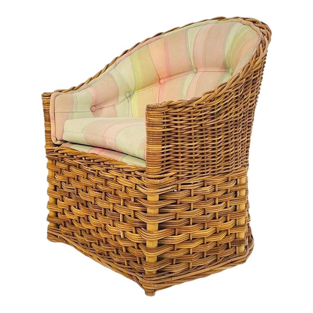 1980s Wicker Works Barrel Lounge Chair With Original Upholstery, Usa For Sale