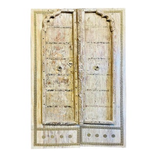 Antique Rustic Carved Brass Trim Farmhouse Double Doors - a Pair For Sale
