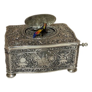Rare Antique Ornate Sterling Silver German Singing Bird Mechanical Music Box For Sale