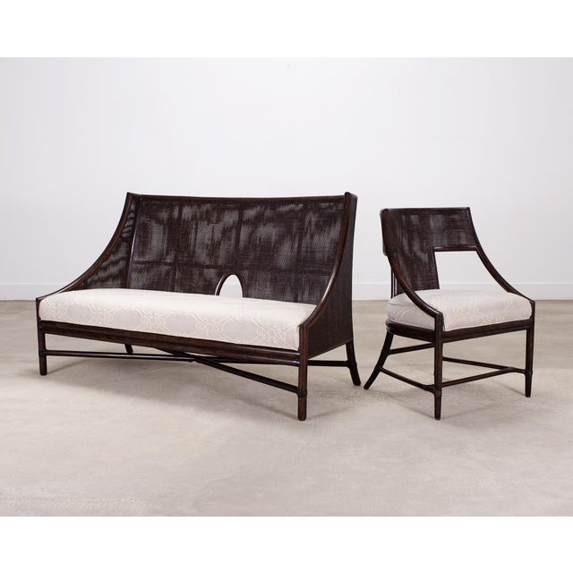 2000 - 2009 Barbara Barry for McGuire Rattan Cane Settee and Armchair For Sale - Image 5 of 18