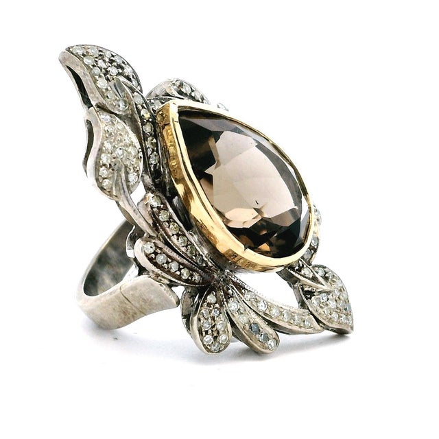 Mid-Century Modern 1970s Italian Smoky Topaz & Diamond Ring in Silver and 14k Gold, Size 8 For Sale - Image 3 of 11