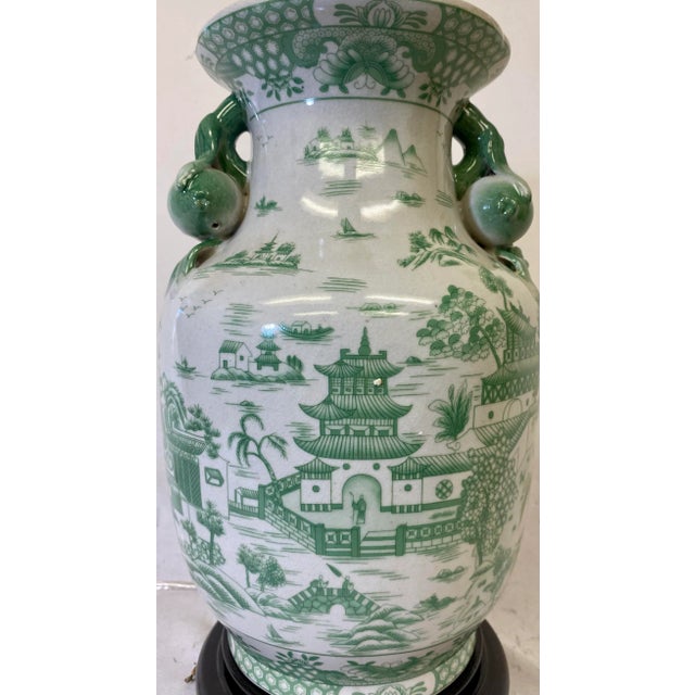 Green Handled Porcelain Jar Vase Table Lamp on Wooden Base Decorated in a Soothing Green Asian Landscape Scene With White Lampshade For Sale - Image 8 of 13