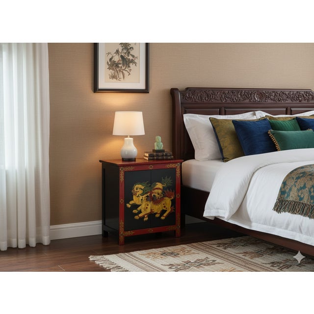 Tibetan Oriental Black Red Foo Dogs Lions End Table Nightstand For Sale In San Francisco - Image 6 of 13
