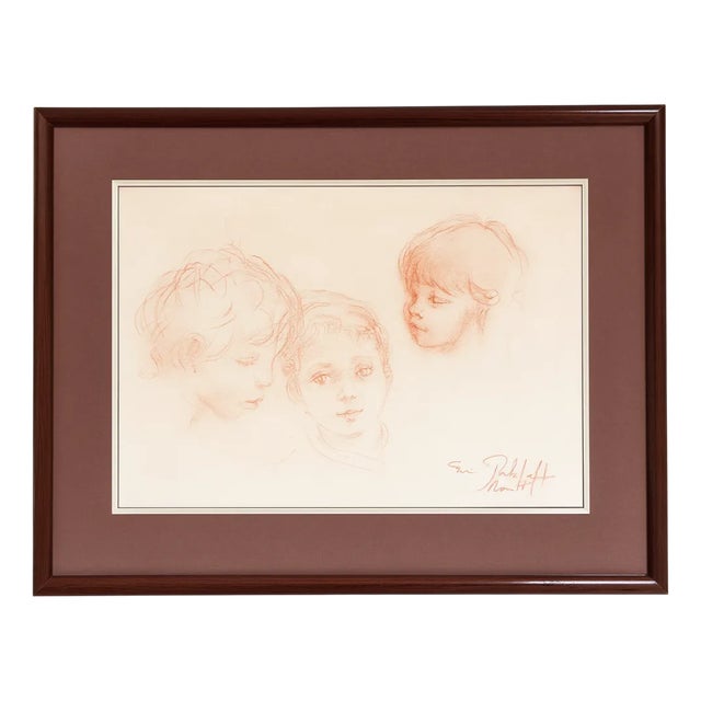Philippe Moretti, Three Children, Original Sanguine Drawing, 1979 For Sale
