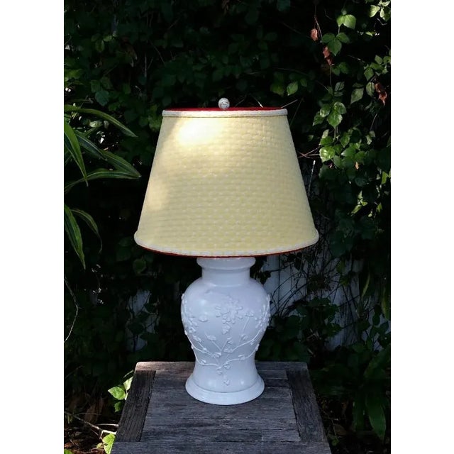 White Large Off White Lamp Yellow Fabric Lampshade For Sale - Image 8 of 11