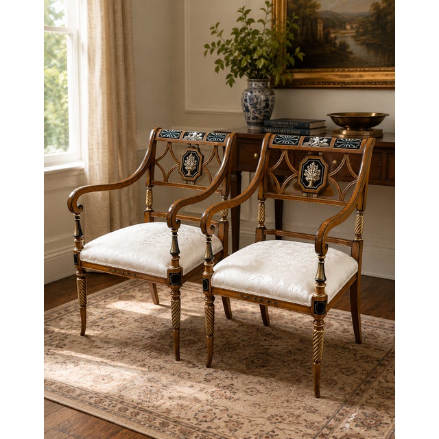 This beautiful pair of armchairs is a high-quality Italian reproduction of the Georgian Neoclassical style, inspired by...