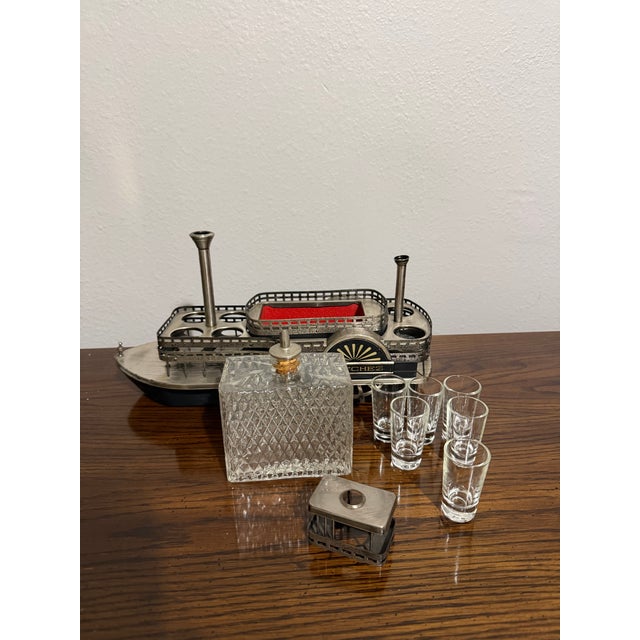 Vintage Natchez Mississippi Riverboat Musical Drink Caddy With Decanter & 6 Shot Glasses For Sale - Image 4 of 12