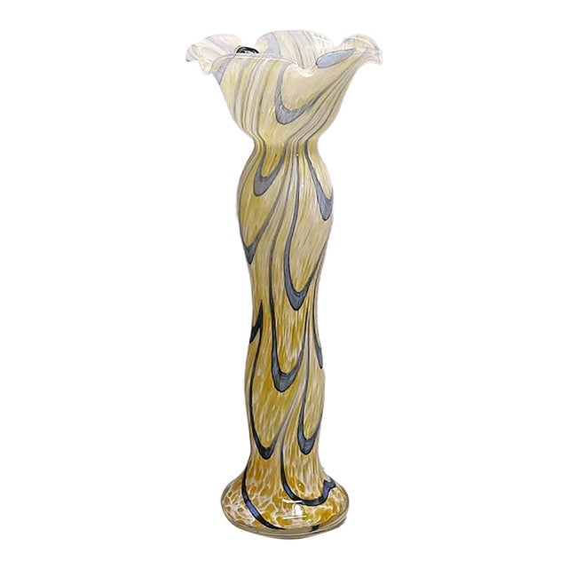 Vintage Murano Lavorazione Arte Italy Yellow Blue Swirl Glass Vase 11"h For Sale