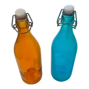 Pair Italian Bormioli Rocco Color Glass Swing Top Bottles