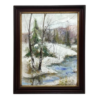 1970s Impressionist Winter Landscape Painting Stacy Szmak, Oil on Masonite “Chilly Day” For Sale