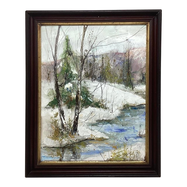 1970s Impressionist Winter Landscape Painting Stacy Szmak, Oil on Masonite “Chilly Day” For Sale