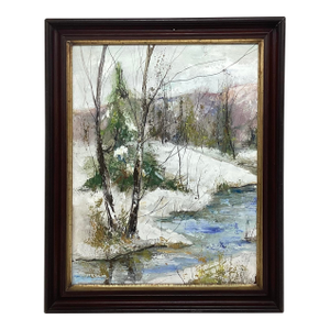 1970s Impressionist Winter Landscape Painting Stacy Szmak, Oil on Masonite “Chilly Day”