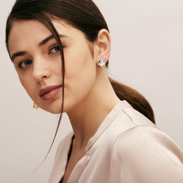 Contemporary Syna Yellow Gold Hex Earrings with Blue Topaz and Diamonds, a Pair For Sale - Image 3 of 4