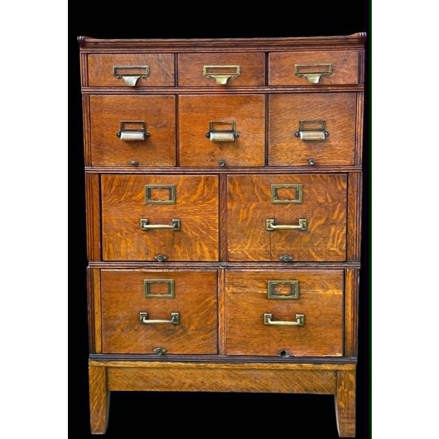 Wood Rare 10 Drawer Antique Yawman and Erbe Mfg. Co. Oak Filing Cabinet With Brass Fittings C. 1900-1910 For Sale - Image 7 of 18