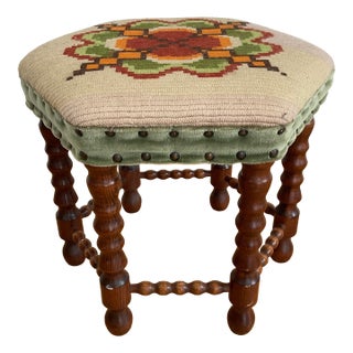 Vintage Mid-Century Oak Footstool With Geometric Needlepoint Tapestry For Sale